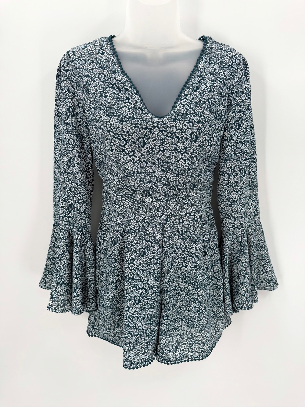 Blue Rain Romper Womens S Teal Floral Long Bell Sleeves Vneck Lined Boho-stain